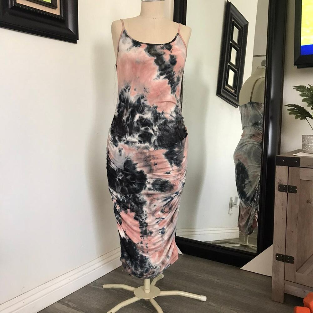 New! Heart & Hips Pink Tie Dye Women's Bodycon Midi Sleeveless Dress Small
